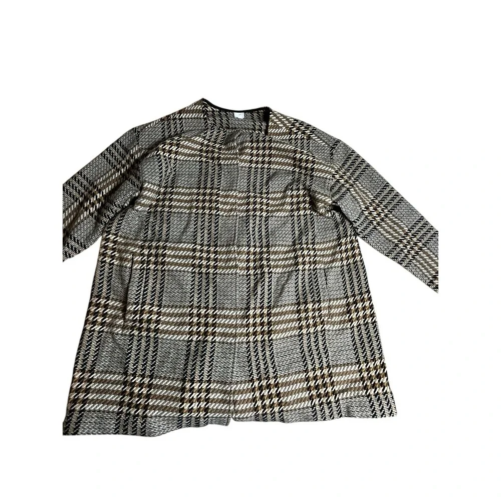 J Jill Women's 3XL Wool Blend Oversized Plaid Snap Jacket Brown Longline Preppy‎